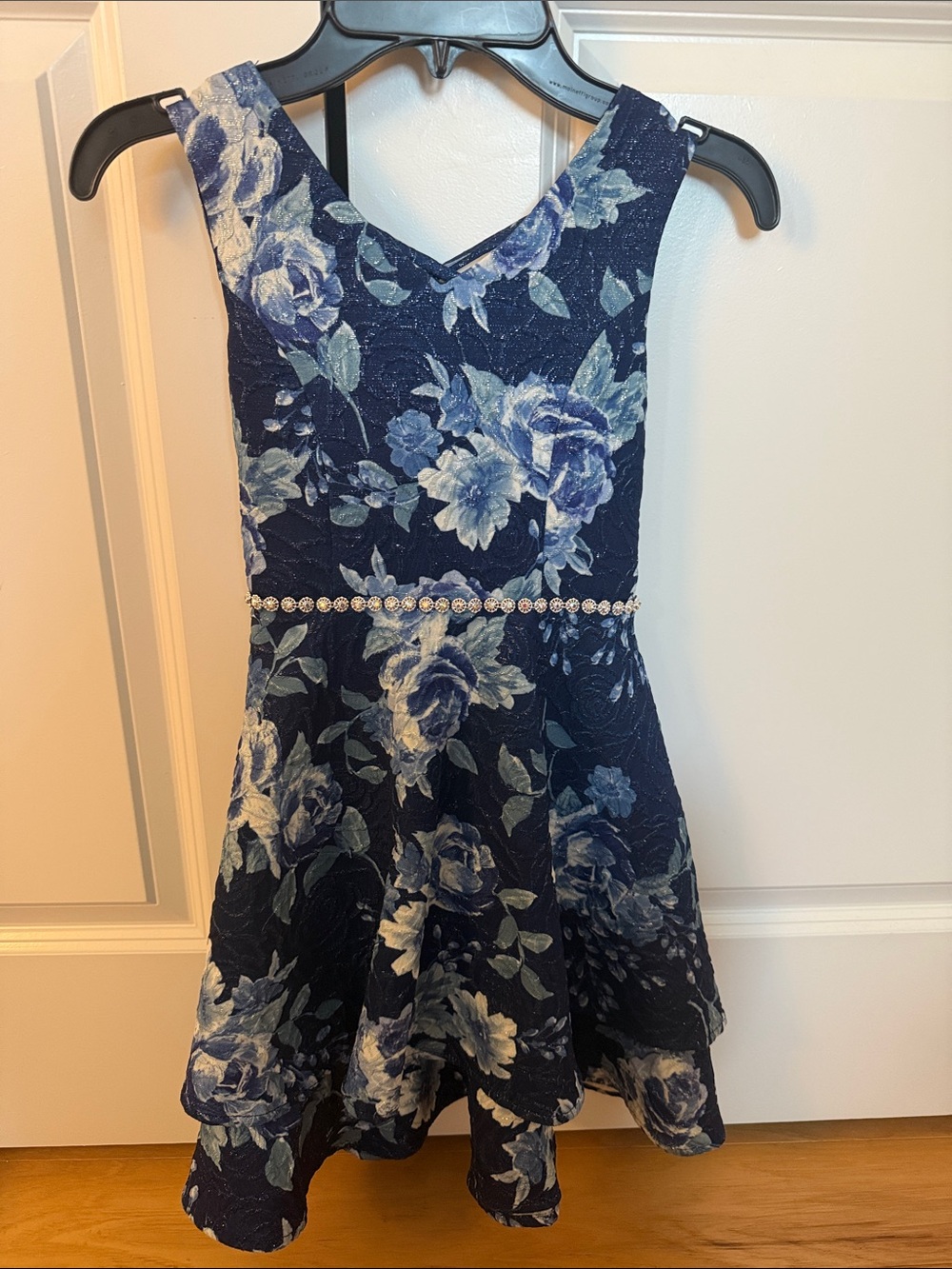 Speechless Navy Blue Floral Dress with Crystal Waistband